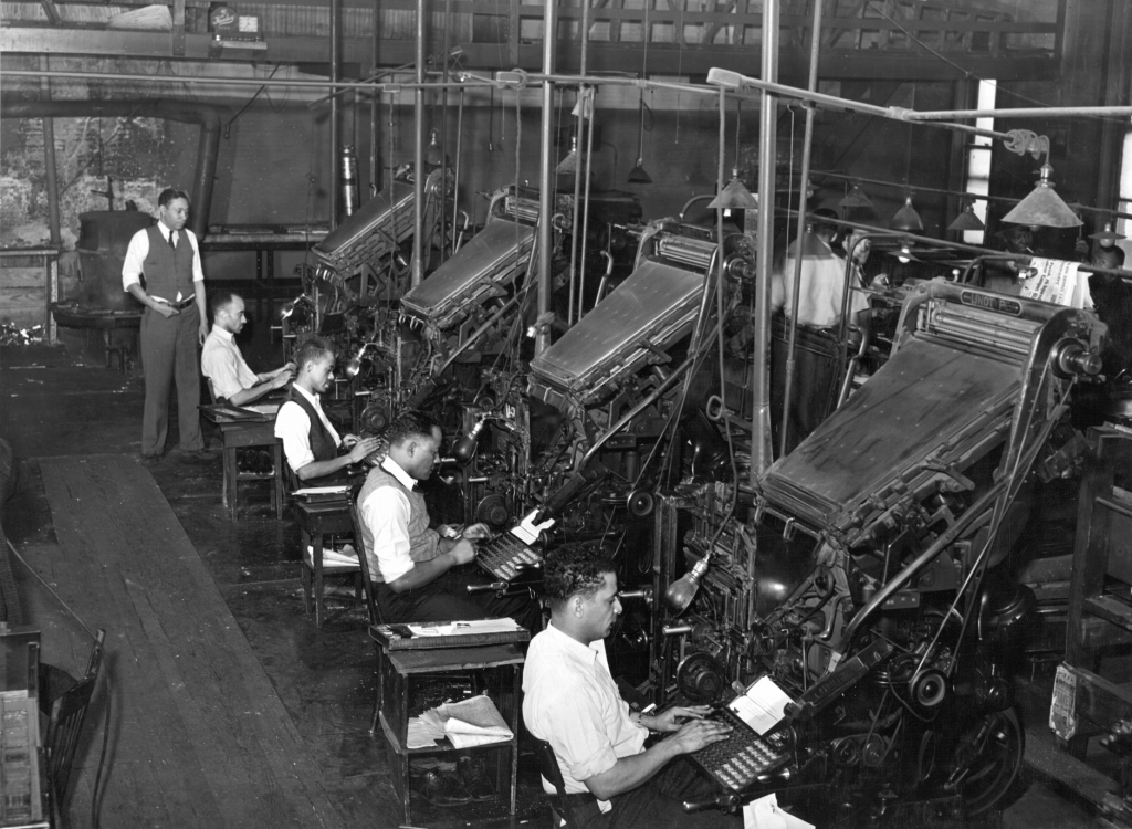 Linotype machines producing a newspaper